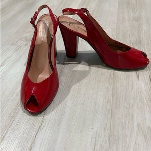 B. Makowsky Glossy Red Peep-Toe Heels